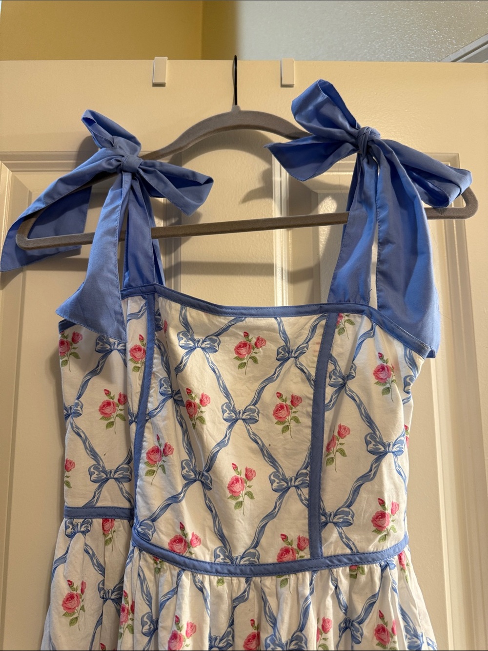 entro White Floral Maxi Dress with Blue Trim & Bow Straps - Picture 2 of 6